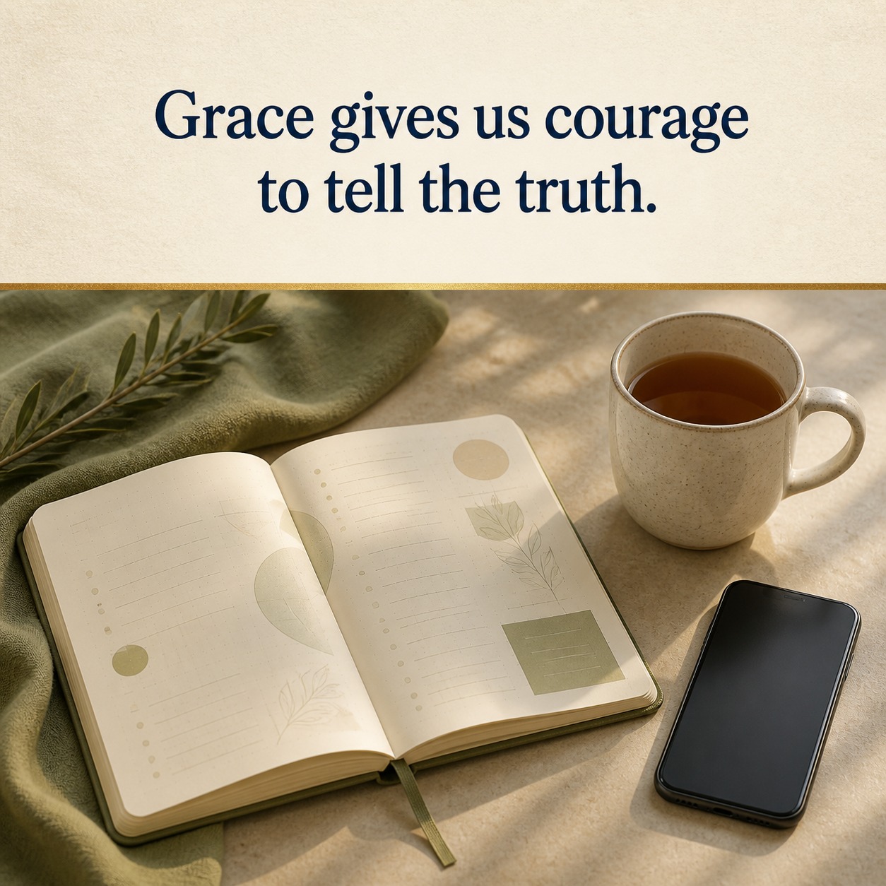 Instagram Week3 Day3 Grace Tells The Truth Open journal with quote "Grace gives us courage to tell the truth," tea, and phone