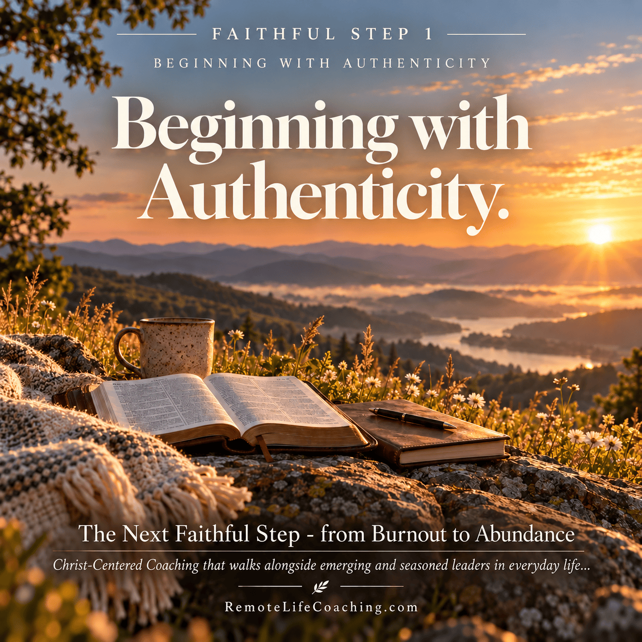 Open Bible, journal, and coffee on rocky outcrop with sunrise and mountains. Faithful Step 1: Beginning with Authenticity.