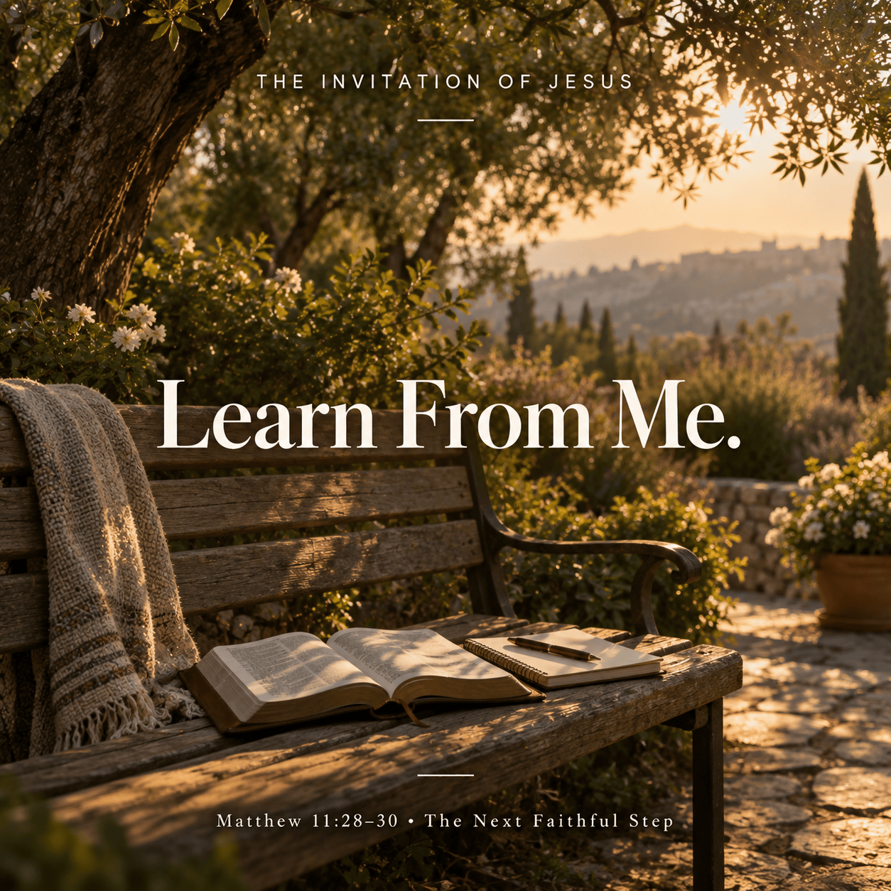 3 Learn From Me Jesus' invitation: "Learn From Me." Bible open on a bench with a scenic view.
