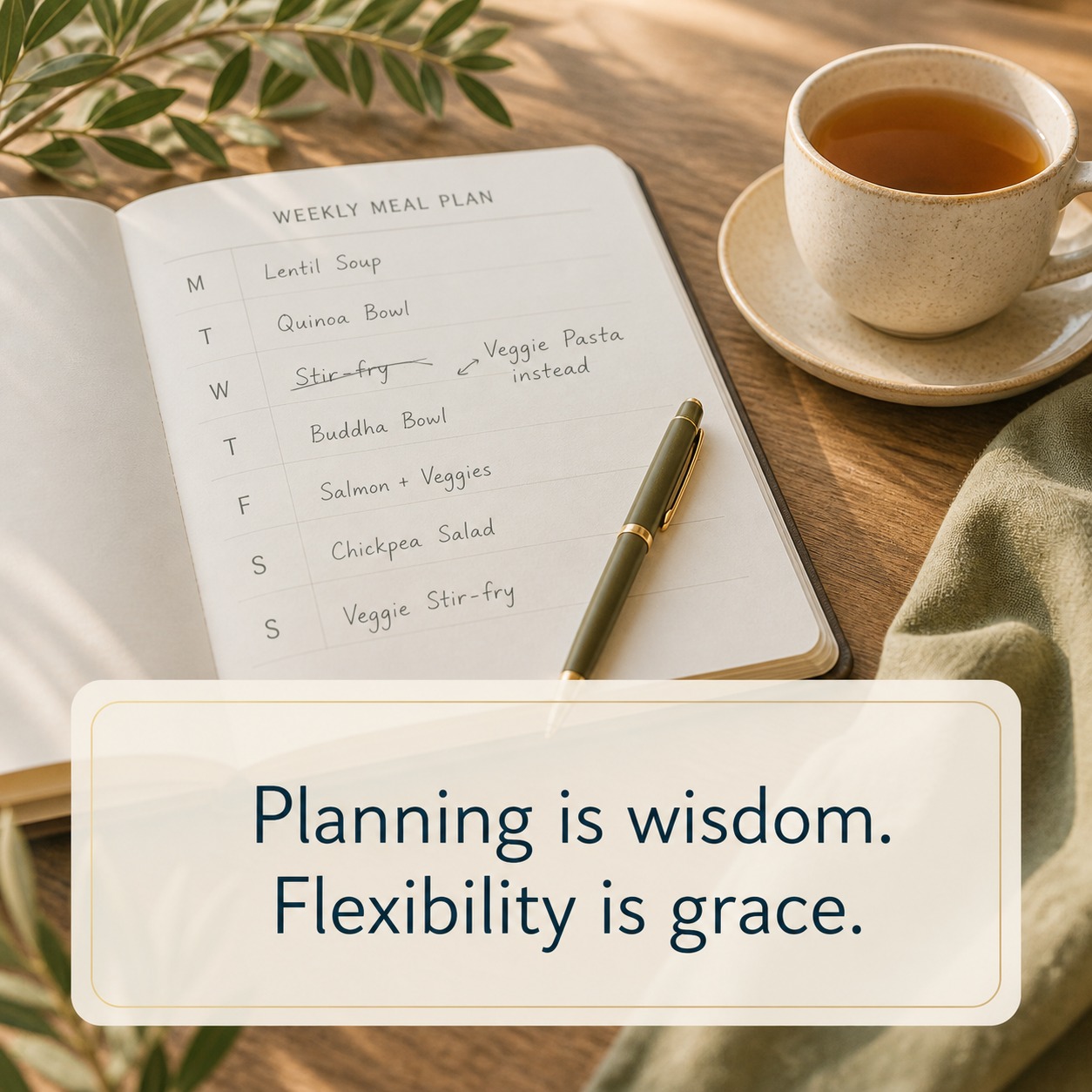 Weekly meal plan with tea and pen: Planning is wisdom, flexibility is grace.