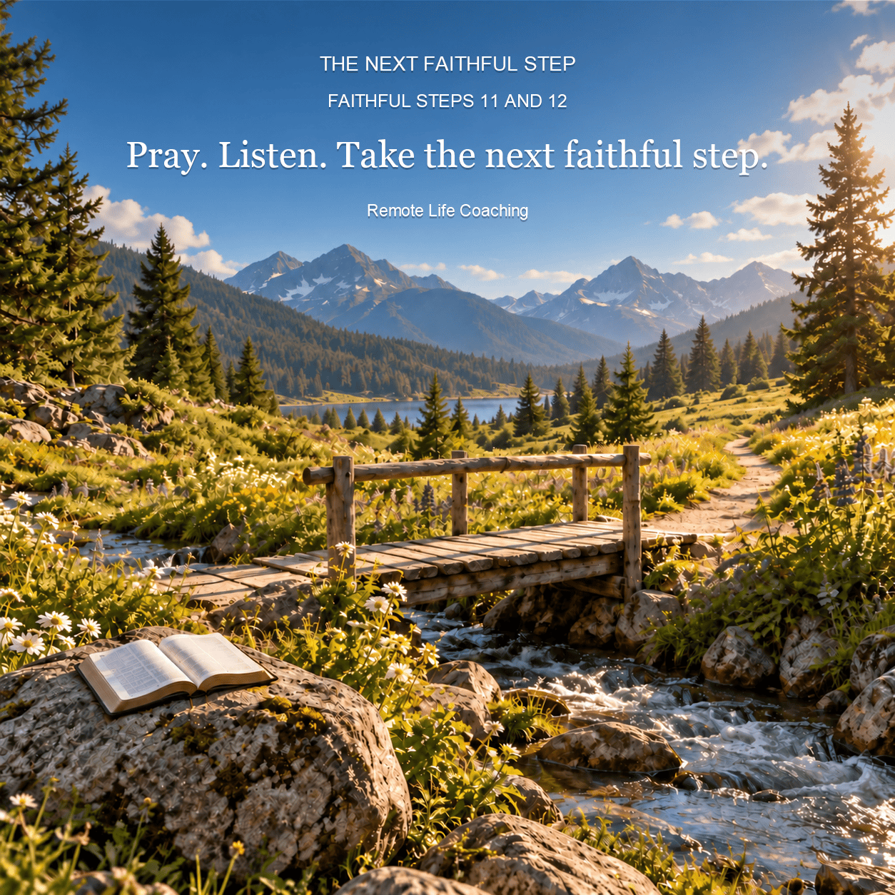 Instagram Week6 Day3 Pray Listen Next Step Open book by stream with text "Pray. Listen. Take the next faithful step.